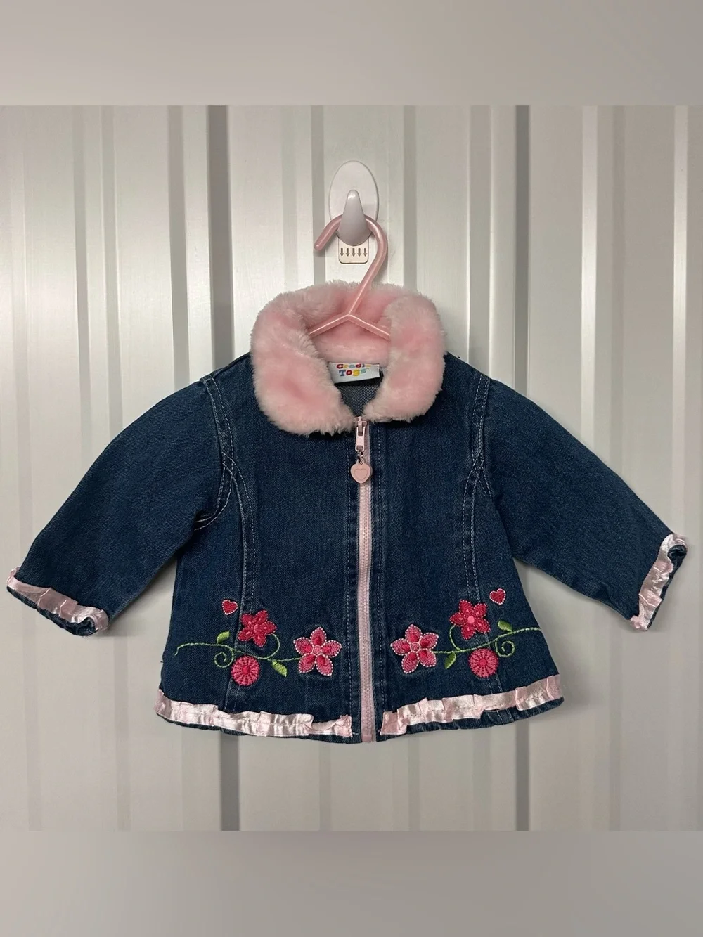 Vintage Infant Girls Pink Faux Fur Collar Denim Jacket Jean Coat Cute Retro